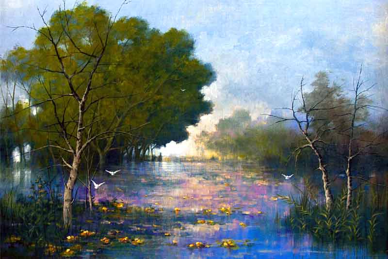 Rincón de un bosque azulado pintado en estilo impresionista